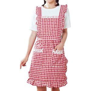 Forklæde Køkken Bageforklæder Vintage Dame Forklæder Red Grid Frilly Forklæder Prinsesse Sød Fødselsdagsgave Bomuld Pinafore Forklæder Til Kvinder Pige Med Lomme