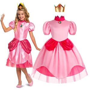 Super Mario Princess Peach Cosplay Cosplay Rosa prinsessklänning med krone for barn Flickor Klä op til Halloween-fødelsedagsfest 9-10 Years