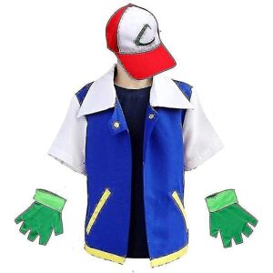 Mænd Anime Blå Jakke Kostume Drenge Piger Ash Ketchum Cosplay Til Halloween Fest Kvinder Træner Kasket Og Handsker Set-e Kids130