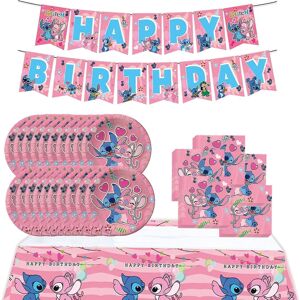 Pink Stitch Party Fødselsdagstilbehør, Cartoon Stitch Theme Party Service med Happy Birthday banner, dug, 20 engangs 7