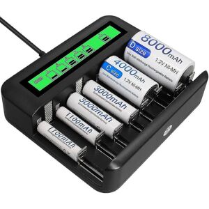 AUZHENCHEN Lcd Universal Batterioplader - 8 Bay Aa /aaa /c /d Batterioplader til genopladelige batterier med 2a usb-port, Type C-indgang, hurtig Aa /aaa batteri Ch