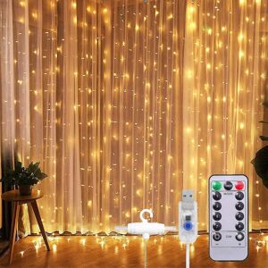 Window Curtain String Light 300 Led 8 Belysningstilstande Lys Fjernbetjening Usb drevet Vandtæt (varm hvid)3*3m 3*3M