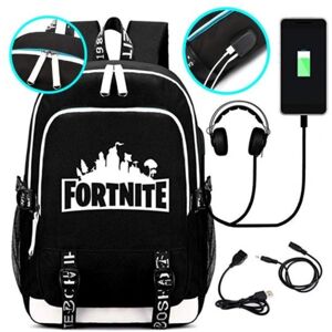 Best Trade Fortnite Rygsæk - Vandtæt skoletaske med USB og hovedtelefonstik Black