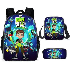 3 stk/sæt Ben 10 Satchel Anime Casual Skoletaske Polyester Rygsæk Med Pencil Bag Messenger Bag