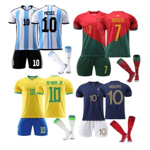 2022 Qatars landsholdstrøje Børn Voksne Fodbolddragt Ronaldo Portugal Hjem 7 Z X Neymar jr Brazil Home 10 Kids 24(130-140CM)