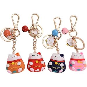 4 stk Lucky Cat nøglering med klokker vedhæng Japanese Fortune Lucky Beckoning Cat Maneki Neko nøglering blød plastikpose