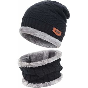 Herre Dame Vinter Beanie Hat Halstørklæde Sæt Varm Strik Hat Tykt Foret Vinter Cap Halsvarmer til Mænd Damer Sort