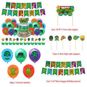 2-PACK Teenage Mutant Ninja Turtles Tema Børnefødselsdagsfest dekorationssæt Alfabet Flag Kage Indsæt Flag Indsæt række Latex ballon full set