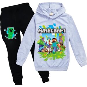 Børne Minecraft træningsdragt Sæt Sport Hoodie Bukser Casual outfit - Perfet grey 130cm