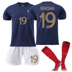 Goodies Qatar 2022 World Cup France Home Benzema #19 Trøje Herre fodbold T-shirts Trøjesæt Børn Unge Adult XS（160-165cm）