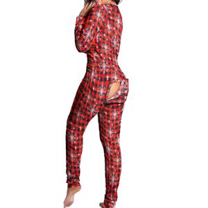 Kvinder Animal Pyjamas One Piece Christmas Bodysuit Jumpsuit Langærmet nattøj W Checkered Snowflake L