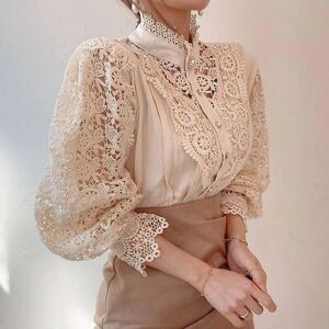 Kvindeskjorter Vintage ensfarvet hvid blondebluse Kvinder Koreansk Button Løs skjorte Toppe Hule forår Casual Damebluser Apricot M