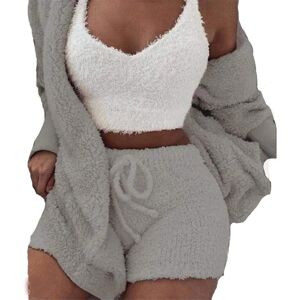 Kvinders vinterplys hjemmebeklædning Casual 3-delt pyjamas Langærmet fluffy hættejakke med åben forfrakke & shorts & vestdragt Hold varmt tøj(S)