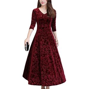 Sexy Dance Kvinder Maxikjoler Langærmet V-hals Stor Swing Dress Party Wine Red L