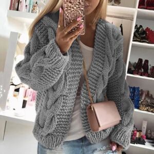 Sexy Dance Dame sjal hals varm frakke ensfarvet strikket cardigan sweater Grå M