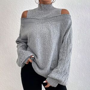 Sexy Dance Dame Turtle Neck Puff Sleeve Cold Shoulder Strikket Sweatere Grå XL