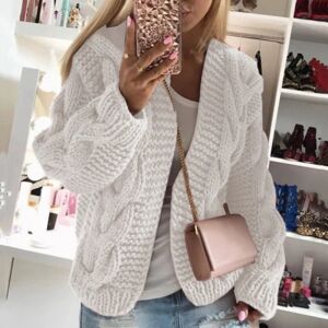 Sexy Dance Dame sjal hals varm frakke ensfarvet strikket cardigan sweater Vit M