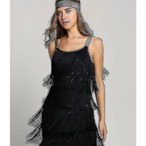 FMYSJ Fantastisk Gatsby-kjole fra 1920'erne til fest vintage kvast-kjoler til kvinder (FMY) Black S