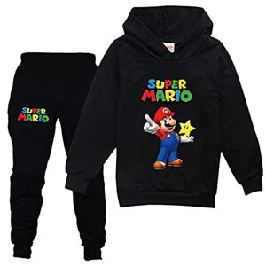 Barn Pojkar Flickor Super Mario Print Träningsoverall Sæt Hættetrøje Sweatshirt Pullover Toppar Joggerbyxor Outfits Sort 9-10 år