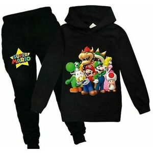 Super Mario Hoodie Topbukser Sæt Børn Drenge Piger Sportstøj Joggingtræningsdragter_a Sort 2 120 (5-6 år)