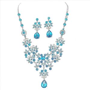 Bryllupsbrudesmykkesæt Krystalblomstvedhæng halskæde + øreringe gave til kvinder, 1 sæt, blå