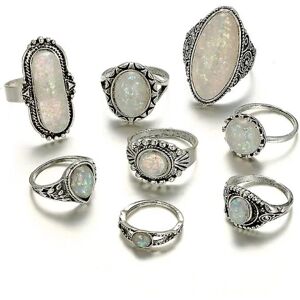 7pc/8pc One Set Vintage Antikke Sølvfarve Ringe Sæt Farverige Opal Stone Carve Til Kvinder Bohemiske smykker Tilbehør