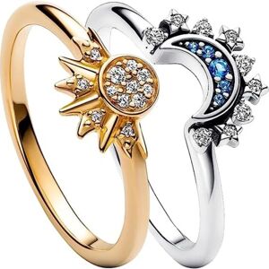Celestial Sol og Måne Overlay Ring，Sol og Måne skinner sammen Design Føl lag Damering，Diamant Sæt Åben Ring-WELLNGS