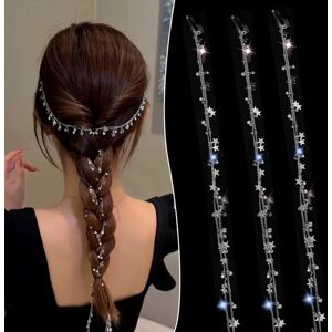 3 STK Lang Rhinestone Hårkæde, Sølv Månestjerne Kvast Hårklemme, Hestehale Multi Strand Hår Smykker til Fletninger Bling Krystal Flettet Hårkæde