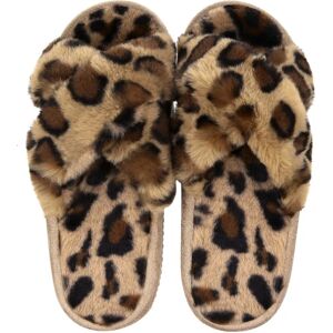 Dam Plyschtofflor Höst og vinter Varm plattform Luddiga tofflor Leopardtryk Cross Band Inomhus Hem Golv Flip Flop Leopard Brun 38-39 9.2-9.4 inch