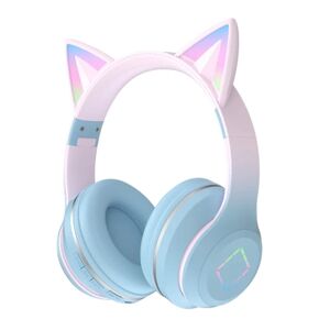 Over-Ear hovedtelefoner til børn Trådløse Bluetooth Cute Cat Ears RGB foldbar lyd med mikrofon til piger Volume Control Headset til kvinder Blå