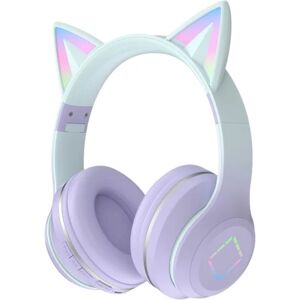 Over-Ear hovedtelefoner til børn Trådløse Bluetooth Cute Cat Ears RGB foldbar lyd med mikrofon til piger Volume Control Headset til kvinder Lila