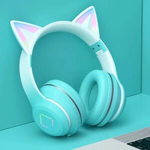 Over-Ear hovedtelefoner til børn Trådløse Bluetooth Cute Cat Ears RGB foldbar lyd med mikrofon til piger Volume Control Headset til kvinder Grön