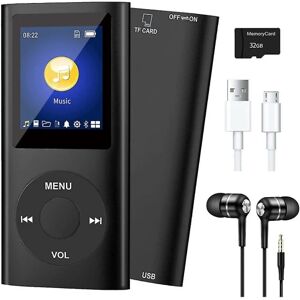 Mp3-afspiller med Bluetooth 5.0 musikafspiller med 32GB TF-kort FM-hovedtelefon Bærbar Hifi-musikafspiller (sort) Sort