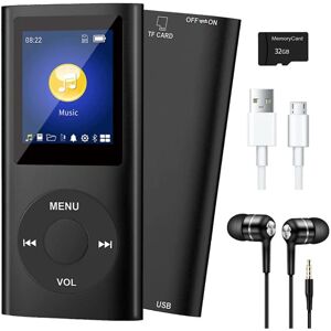 Mp3-afspiller med Bluetooth 5.0, musikafspiller med 32gb Tf-kort, fm, øretelefon, bærbar hifi-musikafspiller (sort)