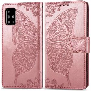 ExpressVaruhuset Samsung A51 4G Pung Etui PU Læder 4-LOMMES Motiv Sommerfugl Pink gold