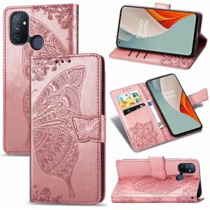 ExpressVaruhuset OnePlus Nord N100 pung etui PU læder 4-LOMMES motiv sommerfugl Pink gold