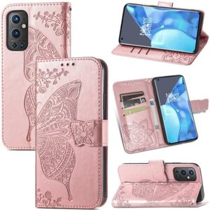 ExpressVaruhuset OnePlus 9 Pro Wallet Case PU Læder 4-LOMMES Motiv Butterfly Pink gold