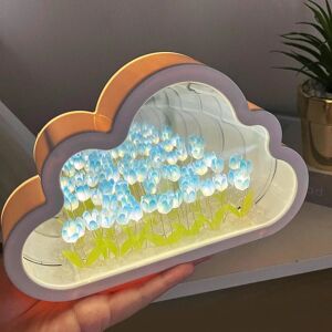 DIY Cloud Mirror Tulip Lamp Creative Room Decoration Light & Mirror 2 i 1 bærbare LED sengelamper Romantiske blomsterlys Batteridrevet （Blå）