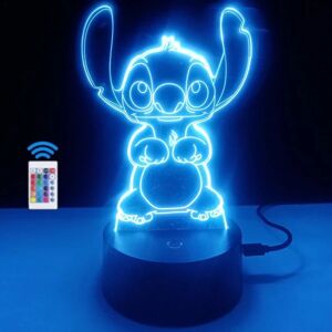 3D-natlampe til børns sengelampe LED optisk illusion med Stich Figur gave til børn (16 sting farver)