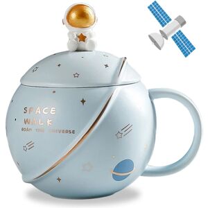 Cute Space keramisk krus, Astronaut Coffee Cup, Funny Krus med låg og ske, Personlige kopper til kaffe, te og mælk, 400 ml (lyseblå)