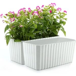 Sæt lavet af 2 selvrektangulære blomsterkasser lavet af hvid plast, potte med vandreserve og vandstandsindikator med sprinklersystem til enkel