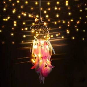 Unbranded Enhjørning drømmefanger med LED lys, fjer drømmefanger dekoration til piger, soveværelse dekoration Væghængende velsignelse gave