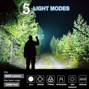 Ficklampor Led Super Bright, 3000 Lumen opladningsbar fikserende lampe, kraftfuld taktisk fikslampe Vandtæt LED-ficklampa 5 positioner for hundepromenad