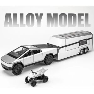 1/32 Tesla Cybertruck Med Touring Car Rv Caravan Diecast Legetøj Metal Miniature Model Pull Back Sound Light Collection Gift Boy Silver