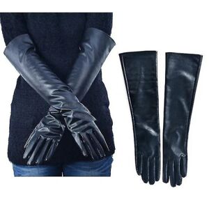 Kvinder Lange Læder Handsker Fuld Finger Winter Albue Opera Dame Handsker Black 50cm