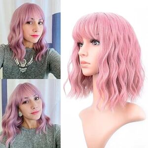 Pastel Bølget paryk med Air Bangs Kvinders Short Bob Lilla Pink Parykker