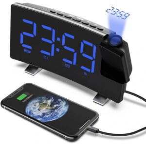 unbranded Projektionsurradio, 180° loftprojektionsvækkeur, USB FM digitalt ur med dobbelte alarmer, dvaletimer, 12/24 timer, (blå)