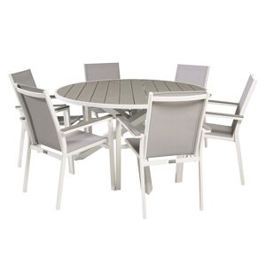 Parma havesæt, m. bord (Ø140) og 6 stole m. armlæn - hvid alu/grå textilene/aintwood