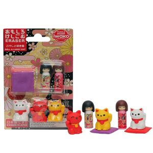 Iwako Viskelædere - Kokeshi & Lucky Cat - 7 Dele - Iwako - Onesize - Viskelæder