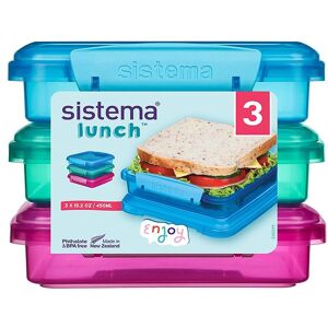 Sistema Madkasse - Sandwich Box - 450 Ml - 3 Pak - Pink+blå+tur - Onesize - Sistema Madkasse